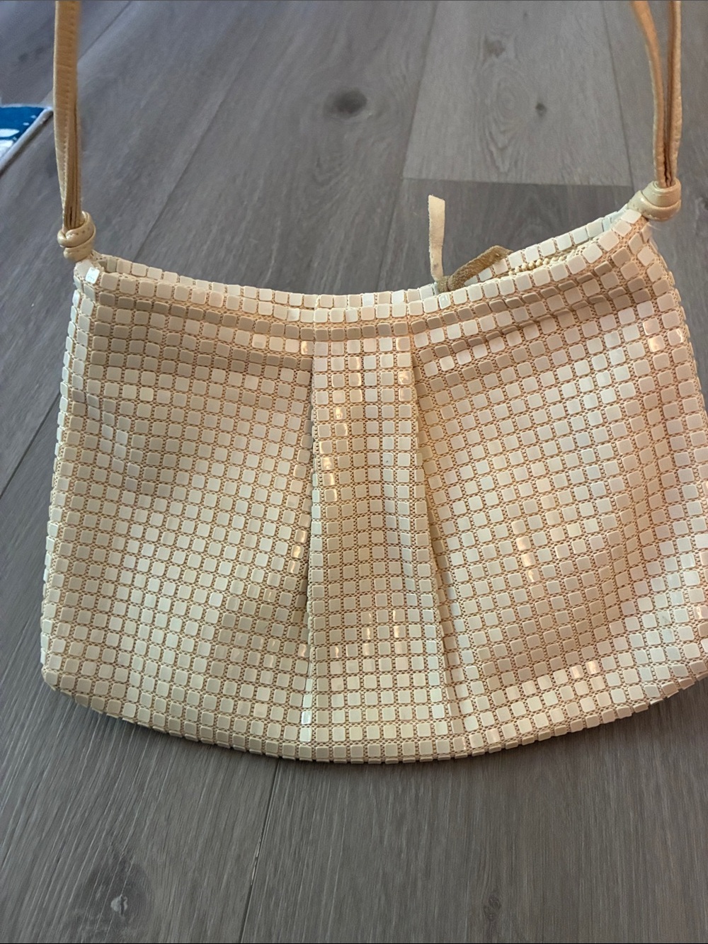 Cream Textured Square-Pattern Crossbody Clutch